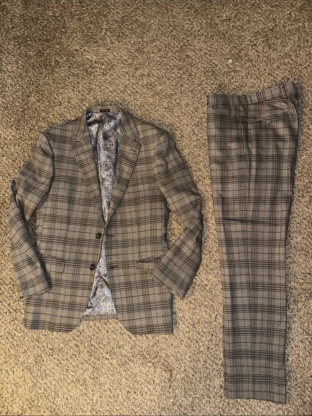Men's Gray Plaid Two-Piece Suit - Classic Check Blazer & Trousers - 38s - 30x30